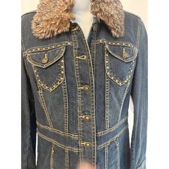 Vtg Kikit Jeans women's M denim jacket removable collar with faux fur NWT - Picture 2 of 16